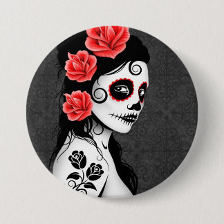 Day of the Dead Sugar Skull Girl - grey Pinback Button
