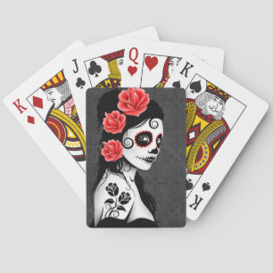 Day of the Dead Sugar Skull Girl - grey Poker Cards