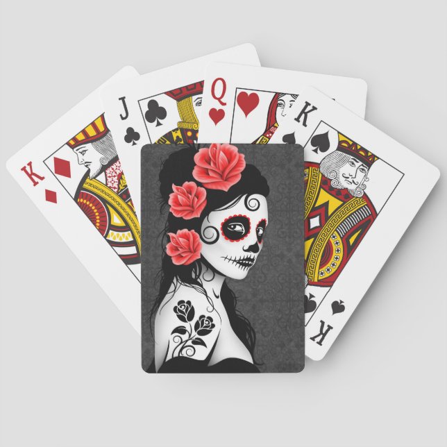 Day of the Dead Sugar Skull Girl - grey Poker Cards (Back)