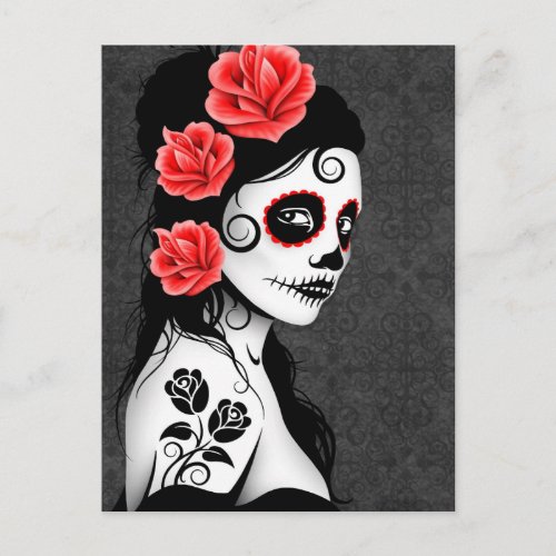 Day of the Dead Sugar Skull Girl _ Grey Postcard