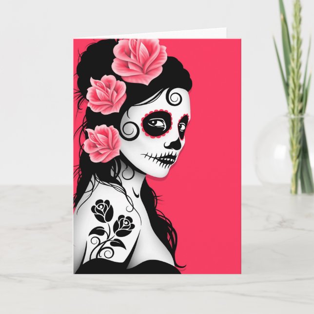 Day of the Dead Sugar Skull Girl - pink Card (Front)