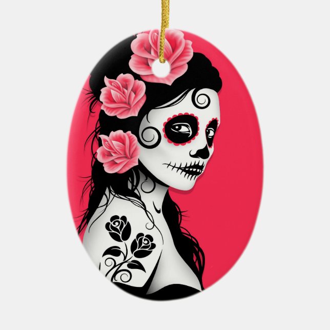Day of the Dead Sugar Skull Girl - pink Ceramic Ornament (Front)