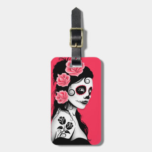Printed luggage tag Day Of The Dead Decor Spanish Mexican Festive Theme Skeleton Girl with Flowers Print Protect personal privacy Beige and Dimgrey W2.7 x L4.6 