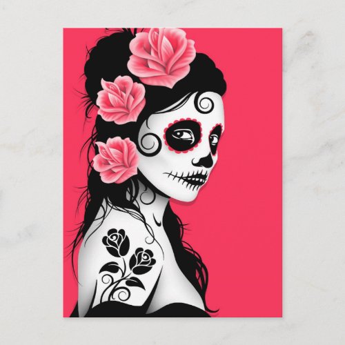 Day of the Dead Sugar Skull Girl _ Pink Postcard