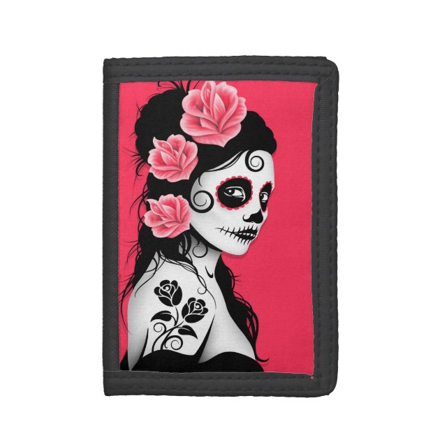 Men's Black Trifold Wallet with Black and White Sugar Skull Print on Front 