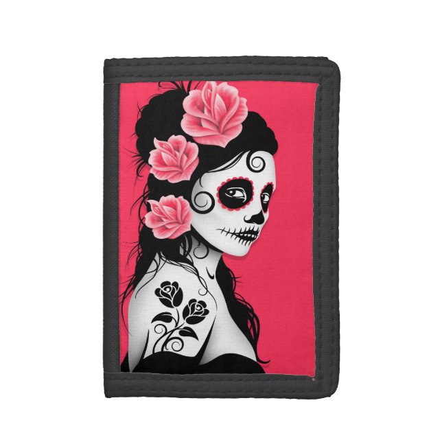 Day of the Dead Sugar Skull Girl - Pink Tri-fold Wallet (Front Vertical)