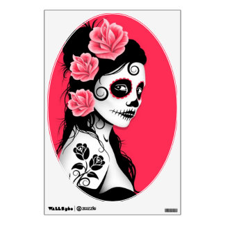 Day of the Dead Sugar Skull Girl - pink Wall Decal