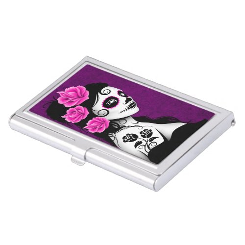 Day of the Dead Sugar Skull Girl _ Purple Business Card Holder