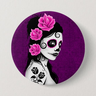 Day of the Dead Sugar Skull Girl - purple Button