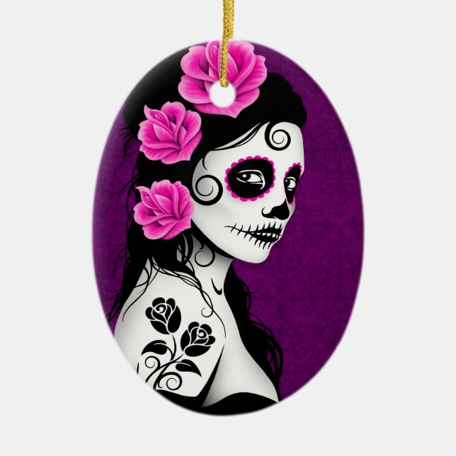 Day of the Dead Sugar Skull Girl - purple Ceramic Ornament (Front)