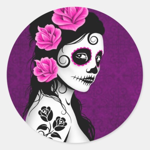 Day of the Dead Sugar Skull Girl _ purple Classic Round Sticker