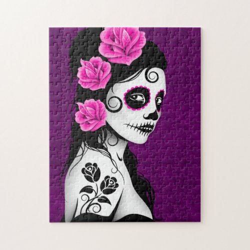 Day of the Dead Sugar Skull Girl _ purple Jigsaw Puzzle