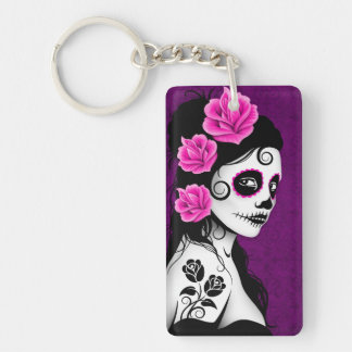Day of the Dead Sugar Skull Girl - purple Keychain