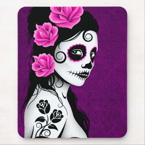 Day of the Dead Sugar Skull Girl _ purple Mouse Pad