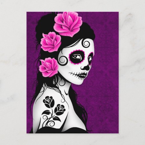 Day of the Dead Sugar Skull Girl _ Purple Postcard