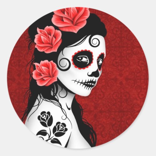 Day of the Dead Sugar Skull Girl _ red Classic Round Sticker