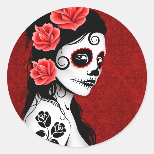 Day of the Dead Sugar Skull Girl - red Classic Round Sticker (Front)
