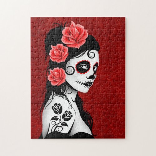 Day of the Dead Sugar Skull Girl _ red Jigsaw Puzzle