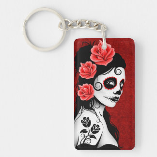Day of the Dead Sugar Skull Girl - red Keychain