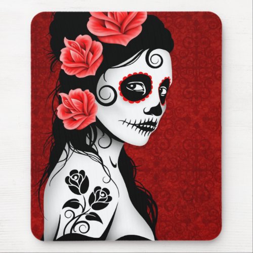 Day of the Dead Sugar Skull Girl _ red Mouse Pad