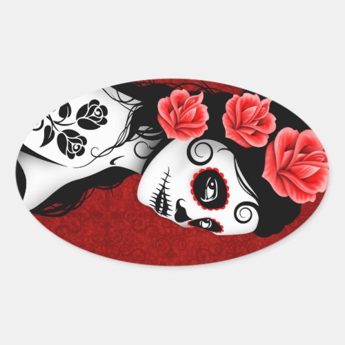 Day of the Dead Sugar Skull Girl _ red Oval Sticker
