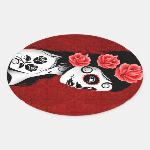 Day of the Dead Sugar Skull Girl - red Oval Sticker