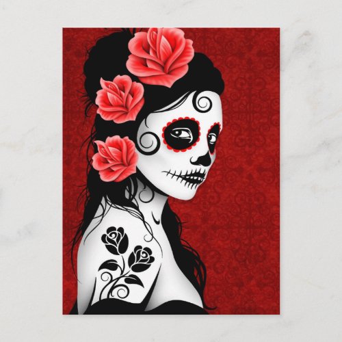 Day of the Dead Sugar Skull Girl _ red Postcard