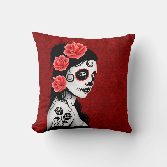 Day of the Dead Sugar Skull Girl - red Throw Pillow (Front)