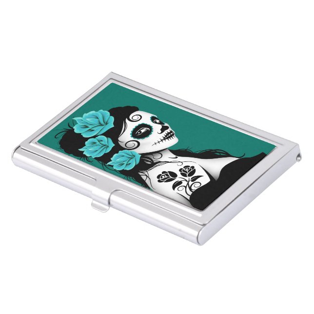 Day of the Dead Sugar Skull Girl - Teal Blue Business Card Holder (Front)