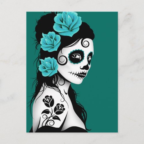 Day of the Dead Sugar Skull Girl _ Teal Blue Postcard