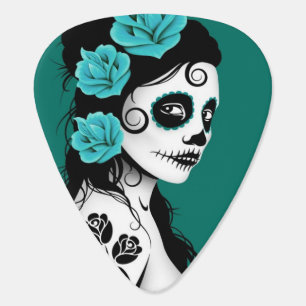 Day of the Dead Sugar Skull Girl Teal Guitar Pick
