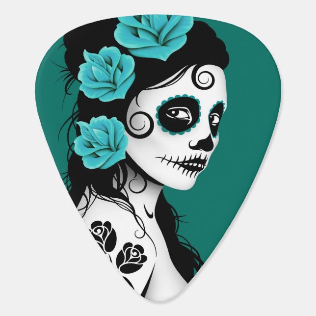 Day of the Dead Sugar Skull Girl Teal Guitar Pick (Back)