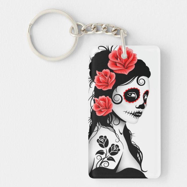 Day of the Dead Sugar Skull Girl - white Keychain (Front)
