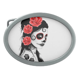 Day of the Dead Sugar Skull Girl - white Oval Belt Buckle