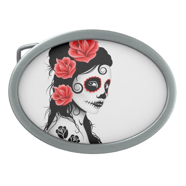 Day of the Dead Sugar Skull Girl - white Oval Belt Buckle (Front)