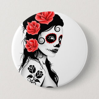 Day of the Dead Sugar Skull Girl - white Pinback Button