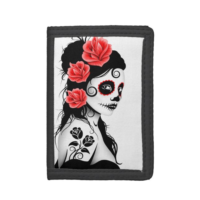 Day of the Dead Sugar Skull Girl - White Trifold Wallet (Front Vertical)