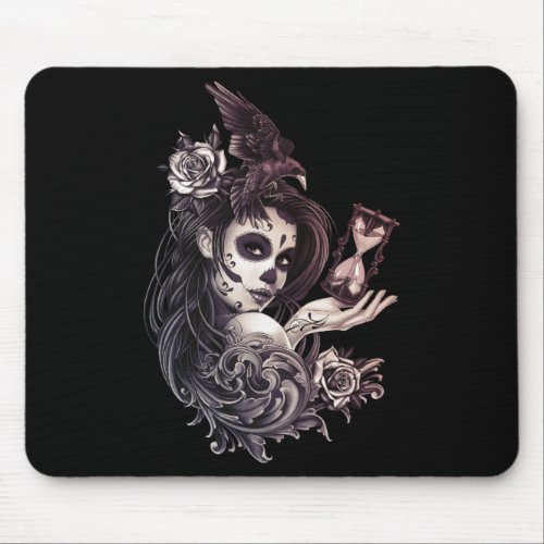 Day of the Dead Sugar Skull Girl with Bird Mouse Pad