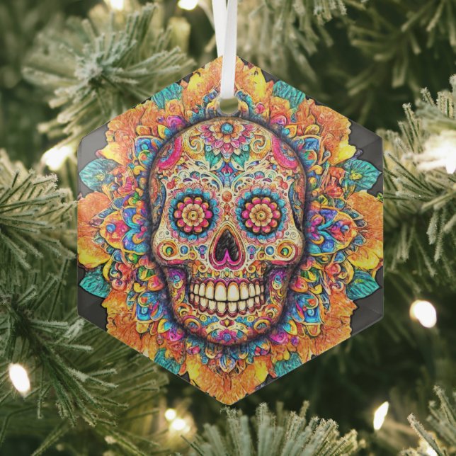 Day of the Dead Sugar Skull Glass Ornament (Insitu)