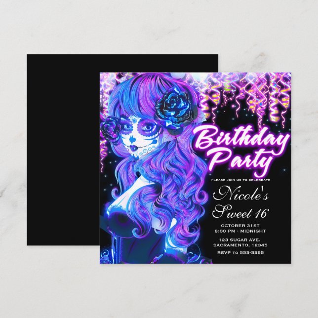 Day of the Dead Sugar Skull Glow Birthday Party Invitation (Front/Back)