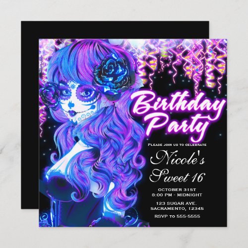 Day of the Dead Sugar Skull Glow Birthday Party Invitation