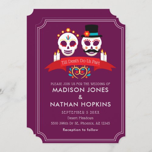 Day of the Dead Sugar Skull Gothic Magenta Wedding Invitation