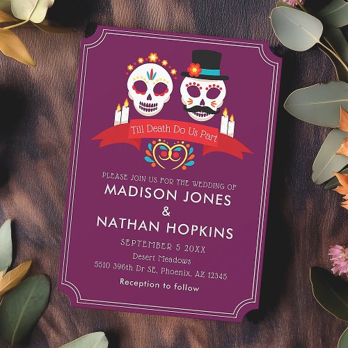 Day of the Dead Sugar Skull Gothic Magenta Wedding Invitation