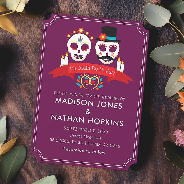 Day of the Dead Sugar Skull Gothic Magenta Wedding Invitation (Creator Uploaded)