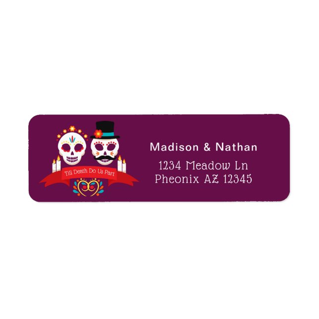 Day of the Dead Sugar Skull Gothic Magenta Wedding Label (Front)