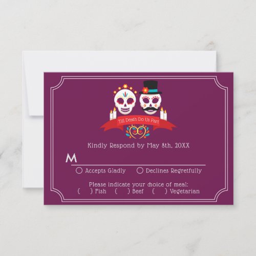 Day of the Dead Sugar Skull Gothic Magenta Wedding RSVP Card