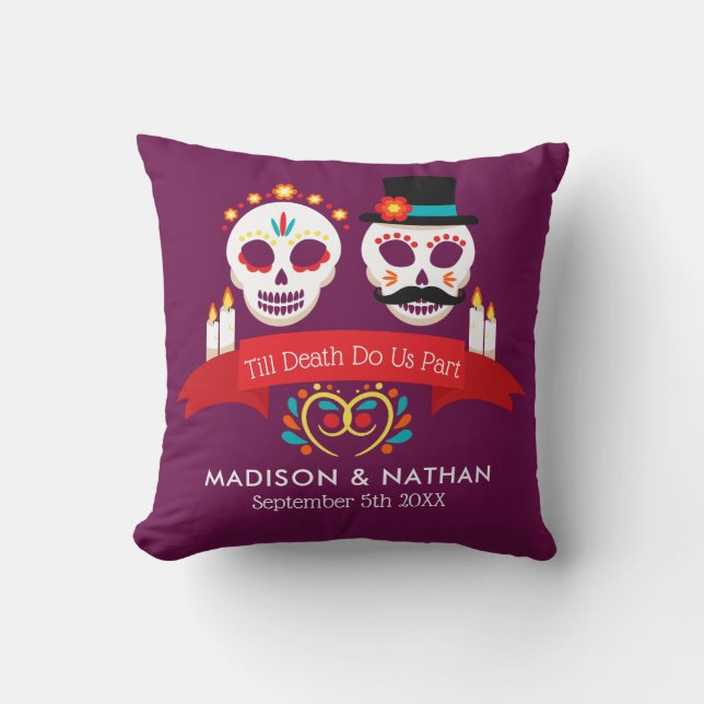 Day of the Dead Sugar Skull Gothic Magenta Wedding Throw Pillow (Front)
