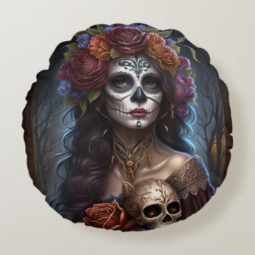 day of the dead sugar skull Graphic Round Pillow