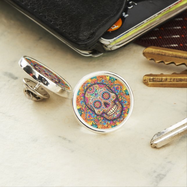 Day of the Dead Sugar Skull Lapel Pin (In Situ)