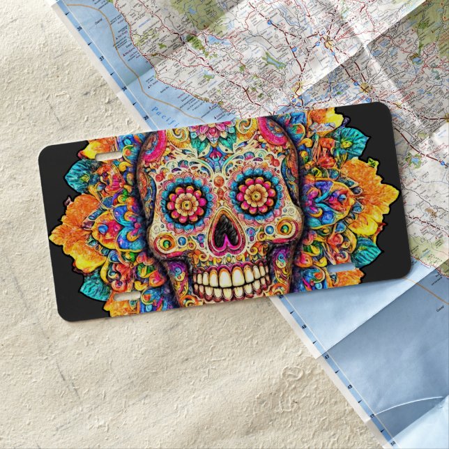 Day of the Dead Sugar Skull License Plate (In Situ)